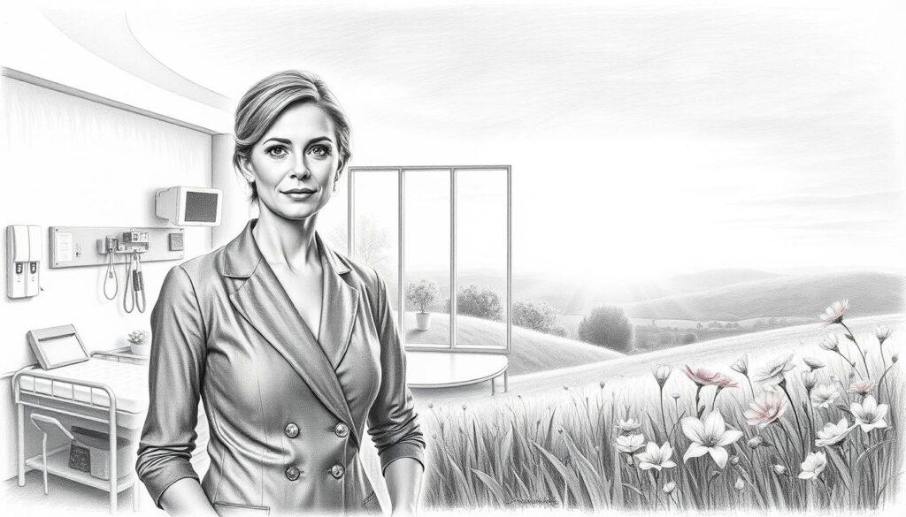 A powerful black and white pencil drawing depicting the journey of healing from breast cancer, inspired by Manuela Schwesig. In the foreground, a determined woman in modest, professional attire stands confidently, symbolizing strength and resilience. In the middle, a serene, softly lit hospital room showcases a variety of medical tools and a gentle atmosphere of support, representing the diagnosis phase. The background transitions into a vibrant, colorful landscape, illustrating hope and recovery, with blooming flowers and a sunlit sky symbolizing new beginnings. The overall mood is uplifting and inspiring, highlighting the transition from struggle to triumph. Detailed pencil strokes with selective colorful accents enhance key elements, creating a visually captivating and emotionally resonant image.