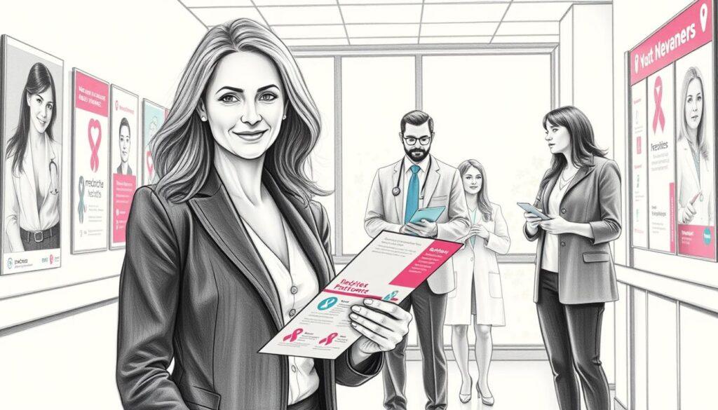 A powerful image illustrating the "Kylie Effect" in breast cancer awareness, featuring a confident woman in professional business attire, standing in a bright, airy clinic filled with posters depicting breast health and awareness. The foreground shows her engaging with a colorful informational pamphlet about cancer prevention. In the middle ground, diverse healthcare professionals, both men and women, are discussing and helping patients, exuding a sense of community and support. The background includes soft, natural lighting streaming through large windows, enhancing the hopeful atmosphere. The artwork is rendered in pencil with black and white tones, accented by pops of color on the pamphlets and healthcare signage, conveying vitality and change.