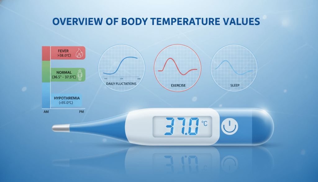 A professional medical infographic titled "Overview of Body Temperature Values," designed to convey clarity and precision. In the foreground, a stylized digital thermometer displays a reading of 37 degrees Celsius, with accompanying icons representing typical body temperature ranges. In the middle ground, multiple simplified graphs illustrate temperature variations throughout the day, featuring smooth lines and contrasting colors for easy comprehension. The background showcases a calming blue gradient, suggesting a clinical and informative atmosphere. Soft lighting highlights the thermometer and graphs, creating a vignette effect that draws focus, while a lens effect evokes depth and dimension. This image encapsulates key insights into normal body temperature, making it an engaging visual reference for readers.