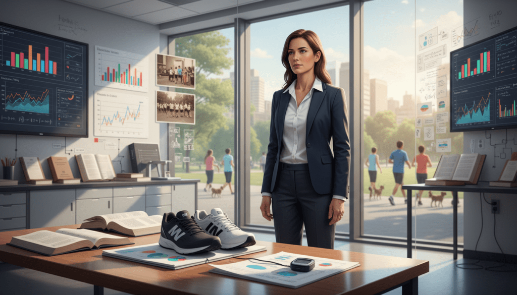 A professional researcher in business attire, standing in a modern, well-lit laboratory filled with charts, graphs, and scientific equipment. In the foreground, a table displays detailed reports on walking studies, with a grasp of footwear to symbolize the focus on "10,000 steps." The middle ground features historic journals and framed photographs of significant health studies. In the background, large windows reveal a sunny park, with people walking and jogging, emphasizing a healthy lifestyle. The lighting is bright and welcoming, creating an atmosphere of curiosity and innovation. Use a shallow depth of field to highlight the researcher while softly blurring the background. The overall mood is inspirational and focused on scientific inquiry.