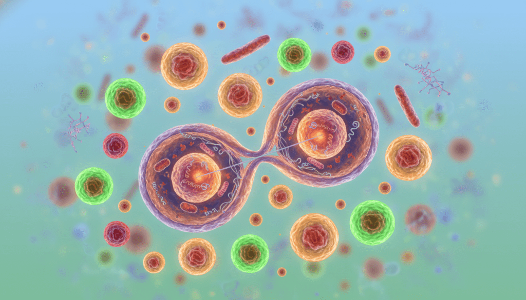A scientific illustration depicting the process of cell division and cellular renewal, featuring a close-up view of a vibrant, dynamic scene at the microscopic level. In the foreground, two cells are in the process of mitosis, visibly splitting apart, with intricate details of their membranes and internal structures, including chromatin strands. In the middle ground, several newly formed cells emerge, showcasing differences in size and structure, with bright colors to emphasize vital biochemical processes. The background is a gradient of soft blues and greens, representing a cellular environment filled with abstract shapes and blurred organelles. The lighting is soft and diffused, highlighting the cell structures without harsh shadows, creating a serene yet educational atmosphere appropriate for a scientific context.