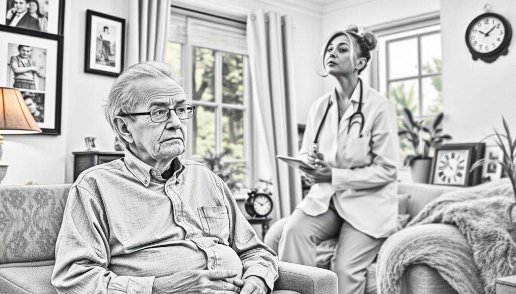 A serene and contemplative scene illustrating the daily life of a person living with dementia. In the foreground, an elderly individual is sitting in a cozy, well-lit living room, surrounded by familiar objects that evoke nostalgia, such as a framed photo album and a vintage clock. The subject, dressed in modest casual clothing, shows a gentle expression of both peace and uncertainty. In the middle ground, a caregiver, also in professional attire, is attentively engaging with the individual, offering support and reassurance. The background features soft, warm lighting that creates an inviting atmosphere, with hints of greenery visible through a window. The image is rendered in pencil black and white, with subtle, targeted color accents highlighting elements like the caregiver's shirt and the vibrant plants, symbolizing hope amidst challenges.