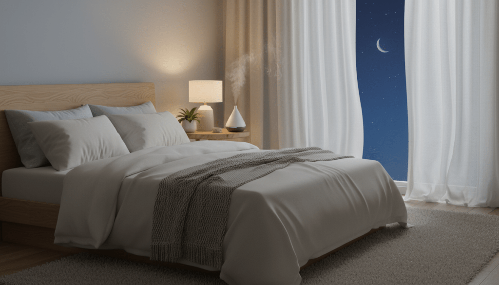 A serene and cozy bedroom environment that embodies the concept of sleep optimization. In the foreground, a comfortable bed with plush pillows and a soft, inviting comforter. The middle ground features warm, dim lighting from a bedside lamp casting a gentle glow, with a small plant and a calming essential oil diffuser on the nightstand, creating a tranquil atmosphere. In the background, soft curtains gently swaying in a slight breeze, allowing a glimpse of a serene night sky outside. The overall mood is peaceful and relaxing, emphasizing the importance of a harmonious sleep environment. The image should convey a sense of comfort and tranquility, ideal for promoting restful sleep. A serene and cozy bedroom environment that embodies the concept of sleep optimization. In the foreground, a comfortable bed with plush pillows and a soft, inviting comforter. The middle ground features warm, dim lighting from a bedside lamp casting a gentle glow, with a small plant and a calming essential oil diffuser on the nightstand, creating a tranquil atmosphere. In the background, soft curtains gently swaying in a slight breeze, allowing a glimpse of a serene night sky outside. The overall mood is peaceful and relaxing, emphasizing the importance of a harmonious sleep environment. The image should convey a sense of comfort and tranquility, ideal for promoting restful sleep.