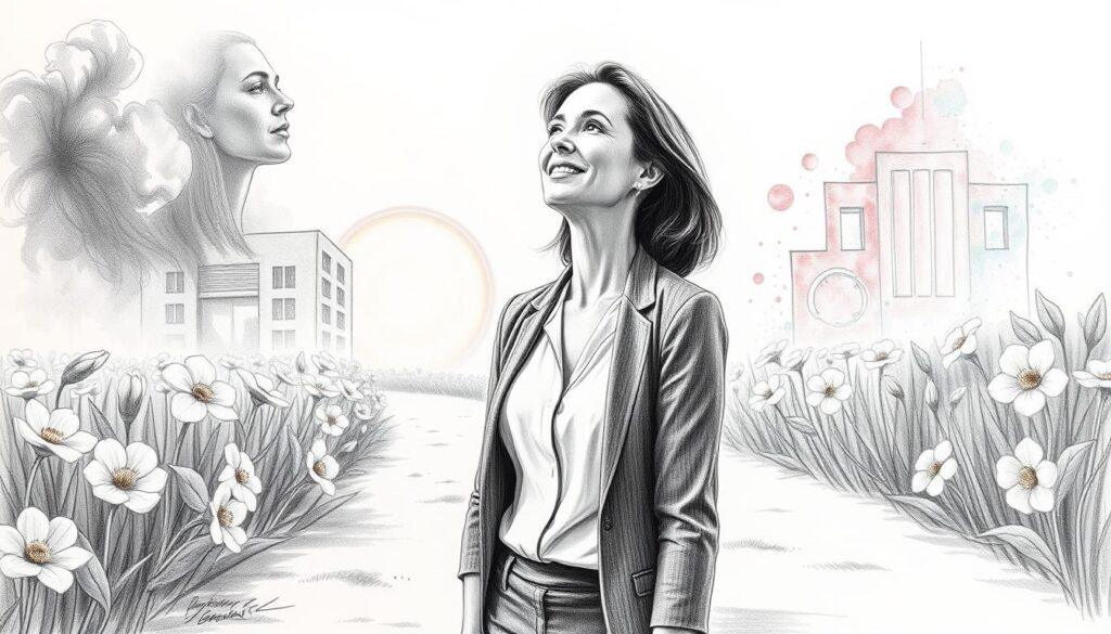 A serene and hopeful scene depicting a woman in professional business attire standing confidently on a path symbolizing recovery after breast cancer. In the foreground, she gazes upward with a soft smile, representing resilience and strength. The middle ground features blooming flowers and gentle sunlight filtering through soft clouds, portraying the healing process and the beauty of life returning. In the background, abstract representations of trauma illustrated with muted shades contrast against splashes of color, symbolizing the emotional journey. The image is rendered in pencil with black and white tones, accented with vibrant pops of color to evoke a sense of upliftment and empowerment. The lighting is soft and warm, creating a calm and inspiring atmosphere.