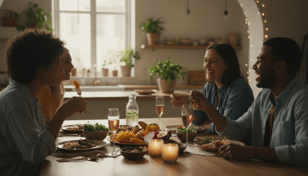 A serene and inviting scene depicting the interplay of taste and human relationships. In the foreground, a diverse group of three people—two women and one man—sharing a colorful and vibrant meal, showcasing a variety of fruits, gourmet dishes, and beverages. Their expressions reflect joy and connection, emphasizing the significance of taste in building relationships. The middle ground features a beautifully set table adorned with elegant plates and utensils, surrounded by soft, warm lighting creating an inviting and intimate atmosphere. In the background, a softly blurred kitchen with plants and warm natural light streaming in through a window, enhancing the cozy vibe. The overall mood is harmonious and engaging, capturing the essence of taste as a connector in human experiences. The image should be professionally composed with a shallow depth of field, highlighting the subjects while keeping the background slightly out of focus. A serene and inviting scene depicting the interplay of taste and human relationships. In the foreground, a diverse group of three people—two women and one man—sharing a colorful and vibrant meal, showcasing a variety of fruits, gourmet dishes, and beverages. Their expressions reflect joy and connection, emphasizing the significance of taste in building relationships. The middle ground features a beautifully set table adorned with elegant plates and utensils, surrounded by soft, warm lighting creating an inviting and intimate atmosphere. In the background, a softly blurred kitchen with plants and warm natural light streaming in through a window, enhancing the cozy vibe. The overall mood is harmonious and engaging, capturing the essence of taste as a connector in human experiences. The image should be professionally composed with a shallow depth of field, highlighting the subjects while keeping the background slightly out of focus.