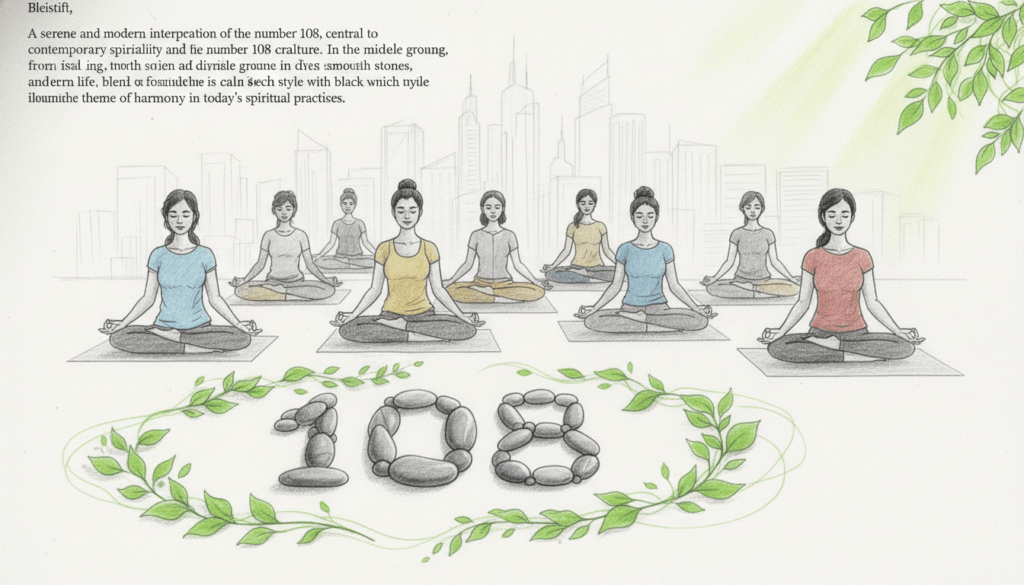 A serene and modern interpretation of the number 108, central to contemporary spirituality and pop culture. In the foreground, a minimalist meditation space featuring a number 108 crafted from smooth stones, surrounded by lush greenery. In the middle ground, a diverse group of individuals in modest casual clothing, engaged in yoga and meditation, embodying tranquility and unity. The background showcases a soft-focus city skyline, symbolizing the blend of spirituality and modern life. The overall mood is calm and contemplative, with natural lighting gently illuminating the scene. The image is in pencil sketch style with black and white tones, accented by pops of color in the clothing and greenery, emphasizing the theme of harmony in today’s spiritual practices. A serene and modern interpretation of the number 108, central to contemporary spirituality and pop culture. In the foreground, a minimalist meditation space featuring a number 108 crafted from smooth stones, surrounded by lush greenery. In the middle ground, a diverse group of individuals in modest casual clothing, engaged in yoga and meditation, embodying tranquility and unity. The background showcases a soft-focus city skyline, symbolizing the blend of spirituality and modern life. The overall mood is calm and contemplative, with natural lighting gently illuminating the scene. The image is in pencil sketch style with black and white tones, accented by pops of color in the clothing and greenery, emphasizing the theme of harmony in today’s spiritual practices.
