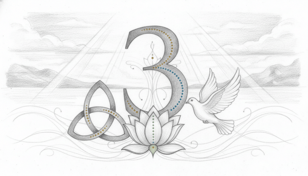 A serene and symbolic depiction of the number three in the context of religion and spirituality. In the foreground, three abstract representations of spiritual concepts, such as a trinity symbol, a lotus flower, and a peace dove, intricately intertwined, rendered in detailed pencil sketches with pointillistic colored accents highlighting their essence. The middle layer features soft, swirling patterns that represent energy and connection, with gentle curves leading the eye toward the background. The background showcases a tranquil, ethereal landscape with soft beams of light breaking through misty clouds, casting a peaceful glow. The mood is contemplative and serene, suggesting harmony and unity among diverse spiritual beliefs. The scene is illuminated with soft, diffused lighting to enhance the spiritual ambiance, creating a reflective atmosphere conducive to meditation and contemplation.