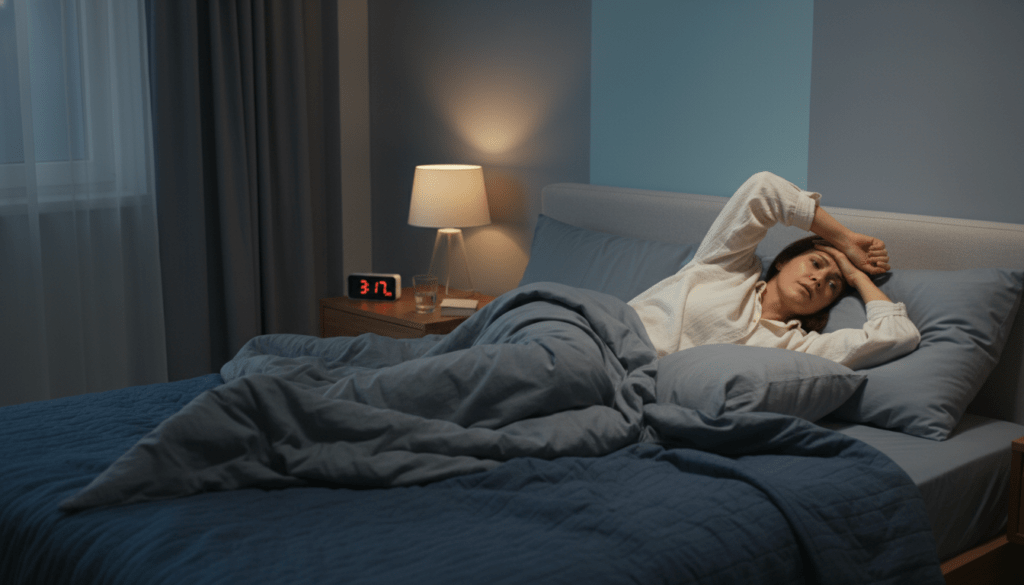 A serene bedroom scene depicting a person experiencing difficulty sleeping. In the foreground, a mid-30s individual in modest casual clothing lies on a neatly made bed with an anxious expression, while tossing and turning on a cozy pillow. The middle layer features a bedside table with a small digital clock showing late night hours and a glass of water. Background elements include soft, dim lighting from a bedside lamp, gently illuminating the calming color palette of blues and grays on the walls, evoking a tranquil yet restless atmosphere. The overall mood should reflect the tension and struggles of insomnia, creating a stark yet comforting contrast, inviting viewers to consider the complexities of sleep disorders.