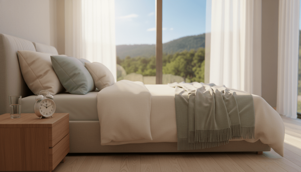 A serene bedroom setting featuring a cozy bed with soft, fluffy pillows and warm blankets, symbolizing the importance of restful sleep. In the foreground, a cozy bedside table holds a glass of water and an alarm clock showing 7:00 AM to emphasize the ideal sleep duration. In the middle ground, gentle sunlight filters through sheer curtains, casting a soft glow across the room, creating an inviting atmosphere. The background showcases a tranquil landscape visible through the window, with lush green trees and a clear blue sky, reinforcing the connection between sleep, health, and nature. The overall mood is peaceful and relaxing, evoking a sense of calm and well-being, perfect for reflecting on the importance of getting sufficient sleep for good health. A serene bedroom setting featuring a cozy bed with soft, fluffy pillows and warm blankets, symbolizing the importance of restful sleep. In the foreground, a cozy bedside table holds a glass of water and an alarm clock showing 7:00 AM to emphasize the ideal sleep duration. In the middle ground, gentle sunlight filters through sheer curtains, casting a soft glow across the room, creating an inviting atmosphere. The background showcases a tranquil landscape visible through the window, with lush green trees and a clear blue sky, reinforcing the connection between sleep, health, and nature. The overall mood is peaceful and relaxing, evoking a sense of calm and well-being, perfect for reflecting on the importance of getting sufficient sleep for good health.