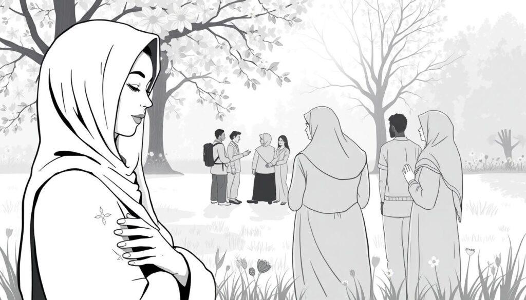 A serene black and white illustration showcasing psychosocial support for cancer patients, featuring a supportive group of diverse individuals in modest casual clothing. In the foreground, a woman with a graceful presence, her head covered, is sharing a moment of comfort with a friend, capturing empathy and understanding. The middle of the image reveals a small gathering of people, engaged in soft conversation, their expressions reflecting encouragement and solidarity. In the background, a sunlit park setting with leafy trees and soft grass symbolizes hope and healing. The atmosphere is calm and uplifting, with selective color accents highlighting elements like floral motifs or gentle gestures. Soft lighting emphasizes the warmth of human connection, encouraging an atmosphere of openness and strength.