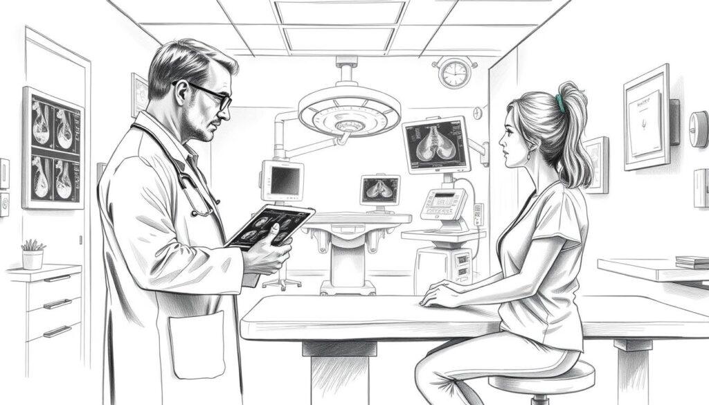 A serene hospital setting in black and white pencil sketch style, capturing the essence of a breast cancer diagnosis and surgery. In the foreground, a compassionate doctor in a white coat examines medical scans, conveying professionalism and care, while a calm, determined woman in modest casual clothing sits across the table, reflecting strength and vulnerability. In the middle ground, a subtle surgery room is depicted with surgical instruments and monitors, highlighting the importance of hope and healing. The background features soft, diffused lighting that creates an atmosphere of support and reassurance. Small hints of color, like soft pinks and greens, accentuate the medical equipment and the woman's clothing, symbolizing optimism and resilience. The entire composition evokes a sense of warmth and encouragement.