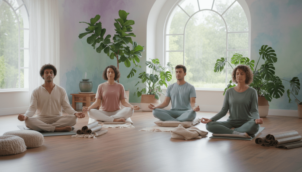 A serene indoor setting designed for relaxation, featuring a light-filled yoga studio with soft, natural lighting filtering through large windows. In the foreground, a diverse group of four individuals comfortably seated in a meditative pose, wearing modest, casual clothing. They are actively practicing breathing techniques, with closed eyes and peaceful expressions, embodying tranquility. In the middle, yoga mats and cushions are scattered around, evoking a sense of comfort and wellness. The backdrop includes calming elements, such as potted plants and gentle pastel colors on the walls, enhancing the atmosphere of relaxation. The composition captures a sense of harmony and calm, encouraging the viewer to feel the soothing effects of breath work and mindfulness practices.