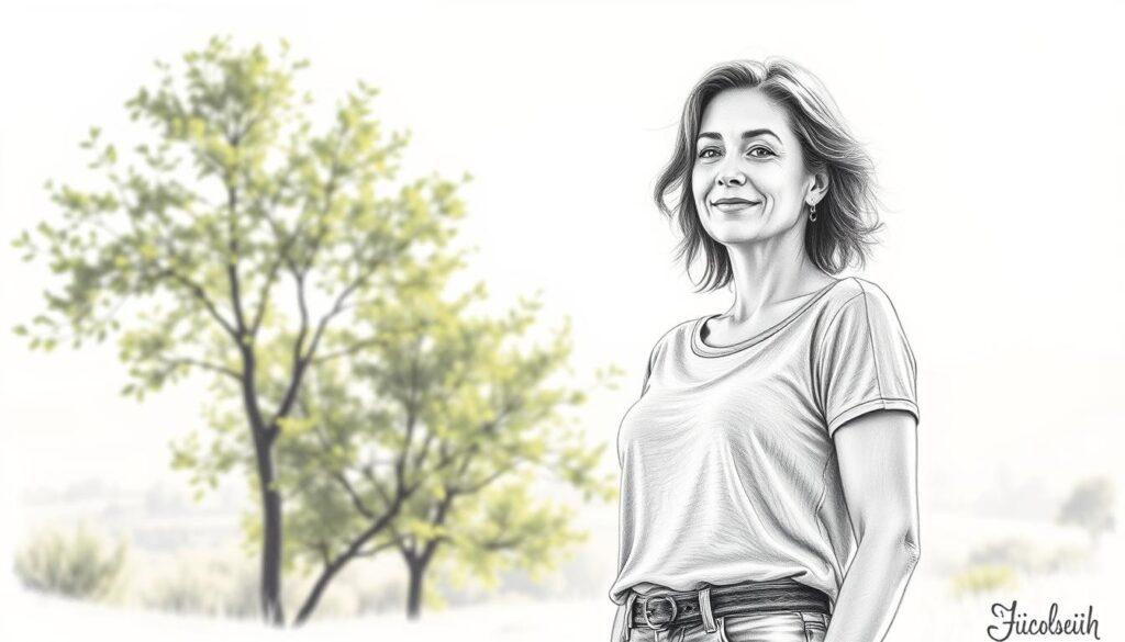 A serene, inspiring scene of a woman symbolizing resilience and renewal after overcoming breast cancer. In the foreground, she stands confidently, wearing modest casual clothing, basking in soft light that emphasizes her strength and hope. Her expression is one of determination and inner peace. In the middle ground, lush green trees flourish, symbolizing growth and new beginnings, while subtle accents of color highlight the vibrant life that surrounds her. The background features a gentle, sunlit landscape, evoking a sense of tranquility and possibility. The entire image is rendered in pencil sketch style with selective color pops, enhancing the emotional depth while maintaining a monochrome aesthetic. The atmosphere is uplifting, depicting the journey from struggle to empowerment.