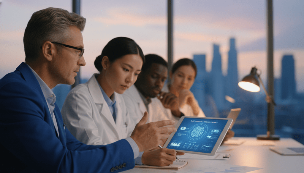 A serene office setting featuring a group of diverse health experts engaged in a discussion about sleep studies. In the foreground, a middle-aged male expert, dressed in a blue blazer and glasses, is pointing to a diagram on a tablet. Beside him, a young female researcher in a white lab coat takes notes, showcasing a focused expression. In the background, a large window reveals a calming view of a cityscape during dusk, with soft orange and purple hues blending in the sky. The atmosphere is professional yet inviting, with warm lighting from a desk lamp illuminating the scene. Use a shallow depth of field to focus on the experts while slightly blurring the background elements, creating a sense of intimacy and importance around their discussion about sleep duration and research.