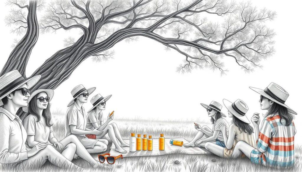 A serene scene illustrating sun protection measures against skin cancer, depicted in pencil sketch style with selective color accents. In the foreground, a diverse group of individuals of varying ages and ethnicities are engaged in outdoor activities, all wearing wide-brimmed hats and applying sunscreen, showcasing their commitment to skin health. The middle ground features a picnic setup under a large tree, with a blanket, sunblock bottles, and protective sunglasses. In the background, a bright sun radiates against a clear sky, symbolizing the importance of UV protection. The image captures a warm, uplifting atmosphere, conveying a sense of community and awareness surrounding skin cancer prevention. Soft shadows add depth, while vibrant color highlights on sunscreen tubes and hats enhance visual interest.