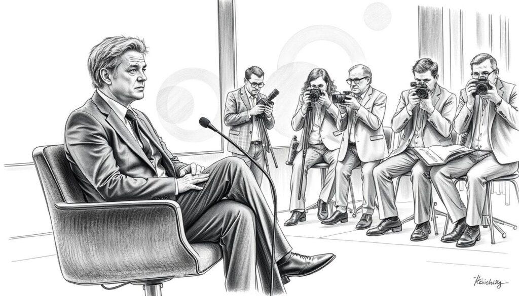 A somber yet dignified scene of a public interview, capturing a middle-aged male television host, Thomas Gottschalk, seated on a modern chairs, dressed in a tailored suit, showing a mix of vulnerability and strength. The foreground features a microphone in front of him and carefully arranged, muted props like a water bottle and notes. The middle ground reveals attentive journalists with notepads and cameras, dressed in professional attire, capturing the moment with earnest expressions. The background includes a softly lit stage with a subtle backdrop featuring abstract shapes, enhancing the mood of seriousness but hope. The image is rendered in black and white pencil with selective colored accents, emphasizing the emotional gravity of the public announcement concerning his health, creating a poignant atmosphere that resonates with the weight of the subject.