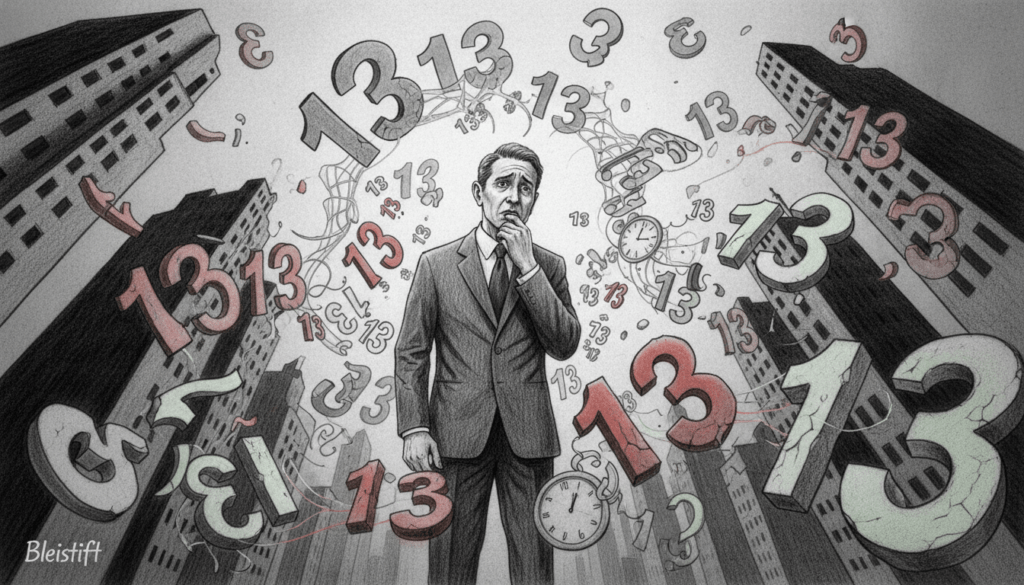 A surreal black and white illustration depicting the psychological aspects of triskaidekaphobia, featuring a person in professional business attire standing at the center, their expression conveying anxiety and contemplation. Surround them with scattered number 13s, distorted and looming large, representing the fear of this number. In the background, a dark, shadowy cityscape looms, with looming buildings symbolizing the weight of superstition, while subtle colored accents in shades of red and green highlight the number 13 and elements of anxiety, such as broken clocks or tangled webs. Use soft, diffused lighting to create a moody atmosphere, and capture the scene with a low-angle perspective to emphasize the overwhelming nature of fear. The overall vibe should convey a surreal tension that embodies the impact of triskaidekaphobia.