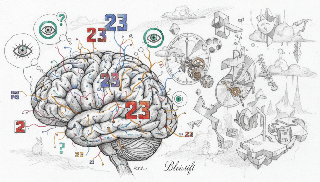 A surreal depiction of cognitive biases and pattern recognition within the human brain, illustrated in a pencil sketch style with black and white tones highlighted by selective splashes of color. In the foreground, a stylized brain is intricately detailed, showcasing neural pathways and synapses glowing with subtle, vibrant accents. The middle ground features abstract shapes and symbols representing numbers, particularly the number 23, intertwined with thought bubbles and visual representations of perception. In the background, a dreamlike landscape fades into a soft-focus, embodying a whimsical yet contemplative atmosphere. The lighting is gentle, casting soft shadows that enhance the three-dimensionality of the brain and elements around it. The overall mood reflects curiosity and intrigue, inviting viewers to ponder the mysteries of human perception and cognition.
