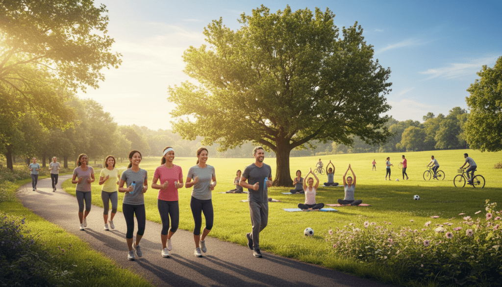 A vibrant and inspiring scene illustrating the benefits of regular exercise for health, set in a sunlit park. In the foreground, diverse individuals—men and women of various ages, dressed in comfortable athletic clothing—are walking briskly and jogging along tree-lined pathways, embodying a commitment to an active lifestyle. In the middle ground, a small group performs yoga under a tree, showcasing balance and tranquility. The background features lush greenery, blooming flowers, and people engaging in cycling and playing sports, highlighting community and vitality. A clear blue sky filters warm sunlight, creating an uplifting mood. The image captures a sense of motivation, harmony with nature, and dynamic movement, emphasizing the joy of staying active.