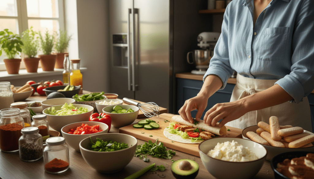 A vibrant kitchen scene showcasing the preparation of quick recipes, featuring a colorful spread of fresh ingredients like lettuce, tomatoes, grilled chicken, and creamy mascarpone for tiramisu. In the foreground, a person in a casual but tidy outfit rolls a wrap with care, adding a touch of herbs. The middle ground displays a stylish countertop cluttered with utensils and bowls filled with various ingredients. Soft, natural light filters in through a nearby window, casting a warm glow over the scene. The background features subtle hints of kitchen appliances and herb pots, creating an inviting atmosphere. Capture this moment in a slightly elevated angle, emphasizing the joy of cooking quick, healthy meals.