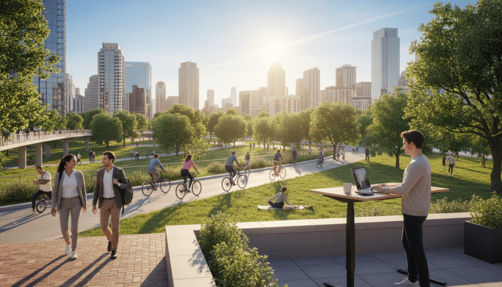 A vibrant scene depicting practical tips for integrating movement into daily life. In the foreground, a diverse group of people dressed in casual but professional attire engages in various activities. One person is using a standing desk while working on a laptop, another is taking a brisk walk with a friend. In the middle ground, there are people biking and stretching in a park. The background showcases a sunny urban setting with trees, walking paths, and buildings. The lighting is bright and uplifting, suggesting an optimistic morning ambiance. Capture the energy and positivity of active living, emphasizing a healthy, balanced lifestyle through small, everyday movements. Use a wide-angle lens to encompass the lively activities and create a sense of community.