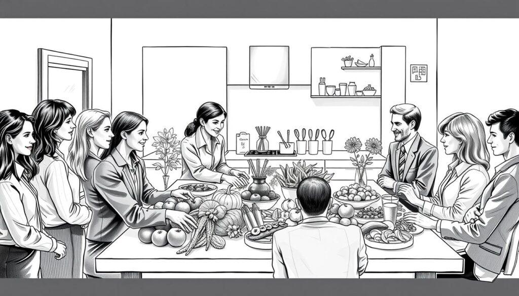 A vibrant yet structured black and white scene illustrating "Nutritional Change with Hormonal Disorders." In the foreground, a diverse group of individuals, dressed in professional business attire, interacts around a table filled with healthy meals. Emphasize fresh fruits, vegetables, and whole grains, with pops of color highlighting their vibrant colors against the monochrome background. In the middle ground, a cozy kitchen setting showcases open cookbooks and meal prep tools, symbolizing the journey of dietary changes. In the background, soft lighting creates a warm atmosphere, with gentle shadows adding depth. Use a slight overhead angle to capture the essence of collaboration and support in managing hormonal health through nutrition. The overall mood should convey hope, positivity, and empowerment in the face of health challenges.