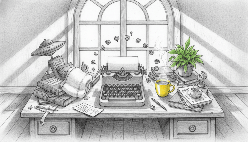 A vintage writer's desk in an eclectic office, inspired by Douglas Adams, featuring a retro typewriter with keys striking mid-air, creating a playful sense of whimsy. The desk, cluttered with novels, a towel (a nod to "Hitchhiker’s Guide"), and quirky knick-knacks, showcases the essence of a creative mind. A large window in the background lets in soft, diffused sunlight, casting gentle shadows across the wooden surface. The atmosphere is vibrant yet contemplative, filled with a sense of humor and absurdity. Highlights of color, like a bright yellow mug and a green plant, pop against a predominantly black-and-white pencil sketch style. The angle is slightly overhead, offering a comprehensive view of the desk's chaos, inviting the viewer into the world of Douglas Adams.
