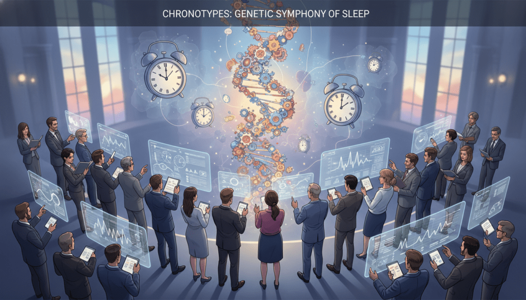A visually engaging illustration of genetic influences on sleep rhythms, emphasizing the concept of chronotypes. In the foreground, a diverse group of professionals in business attire or modest casual clothing are engaged in animated discussions, holding papers and tablets depicting sleep patterns and genetic charts. The middle layer features an abstract representation of DNA helixes intertwined with clocks, symbolizing the interplay of genetics and individual sleep preferences. The background includes soft, ambient lighting with muted colors, suggesting a calm and focused atmosphere. The composition is slightly elevated, viewed from a bird's-eye angle to create depth and draw the viewer’s attention to the intricate details, emphasizing the scientific connection between genetics and sleep schedules. A visually engaging illustration of genetic influences on sleep rhythms, emphasizing the concept of chronotypes. In the foreground, a diverse group of professionals in business attire or modest casual clothing are engaged in animated discussions, holding papers and tablets depicting sleep patterns and genetic charts. The middle layer features an abstract representation of DNA helixes intertwined with clocks, symbolizing the interplay of genetics and individual sleep preferences. The background includes soft, ambient lighting with muted colors, suggesting a calm and focused atmosphere. The composition is slightly elevated, viewed from a bird's-eye angle to create depth and draw the viewer’s attention to the intricate details, emphasizing the scientific connection between genetics and sleep schedules.