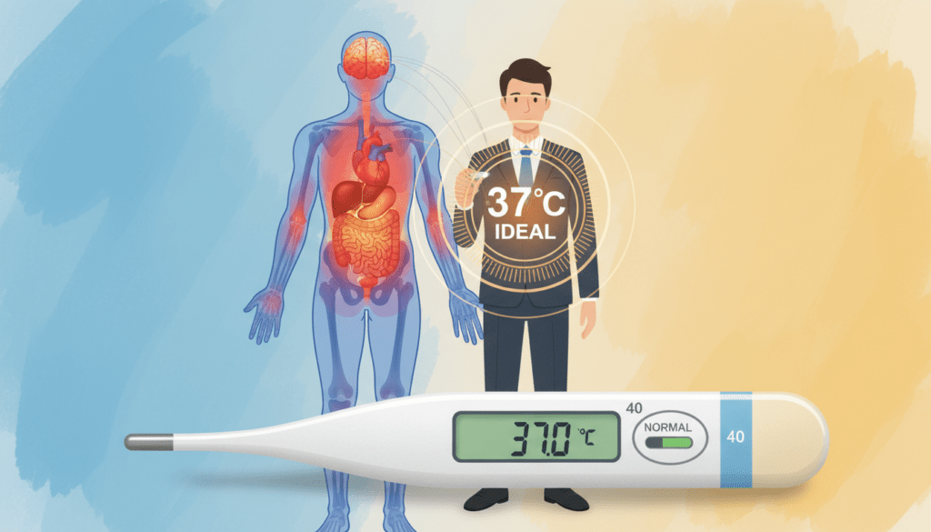 A visually engaging illustration of human body temperature basics, featuring a central figure dressed in professional business attire, holding a thermometer with a subtle but vibrant graphic overlay depicting the ideal temperature of 37 degrees Celsius. In the foreground, a close-up of the thermometer displays clear markings. The middle ground features anatomical representations, such as a stylized silhouette of a human body, with heat maps showing temperature variations across different organs. In the background, soft gradients of blue and warm yellow symbolize balance, hinting at the body's thermoregulation. The lighting is soft and natural, creating an inviting atmosphere, while the angle is slightly above eye-level, fostering a sense of approachable expertise.
