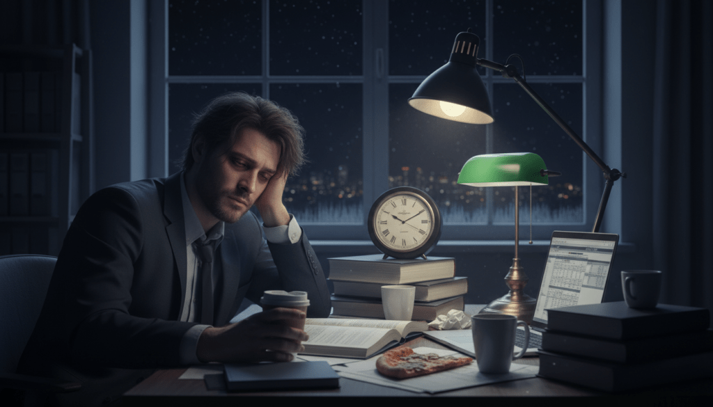 A visually striking composition depicting the effects of sleep deprivation. In the foreground, a weary professional in business attire, with tired eyes and disheveled hair, sits at a cluttered desk scattered with coffee cups and paperwork, emphasizing fatigue and stress. The middle ground showcases a clock striking 3 AM and a dimly lit lamp casting soft shadows, hinting at a long night of work. In the background, a dreary window reveals a dark, starry sky, contributing to a somber atmosphere. The scene is illuminated with cool, muted lighting, enhancing the feelings of exhaustion and mental strain. The overall mood should resonate with the psychological and physical toll of lack of sleep, invoking empathy and awareness in the viewer.