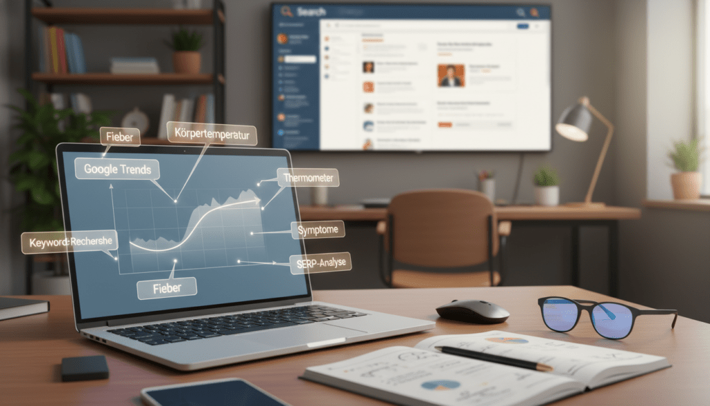 A visually striking illustration for "SERP-Analyse Körpertemperatur," focusing on a digital landscape symbolizing keyword research. In the foreground, a sleek, modern laptop displays a vibrant chart showing body temperature trends, with highlighted keywords around it. The middle ground features a blurred office setting, showcasing an organized workspace with a notepad filled with notes and graphs. The background consists of a large screen displaying search engine results pages (SERPs) with a warm, neutral color palette to evoke a sense of professionalism and focus. Use soft, diffused lighting to create a calm atmosphere, emphasizing clarity and insight. Capture the scene with a shallow depth of field, ensuring the laptop and charts remain the visual focal point while the environment subtly enhances the theme of analytical research.