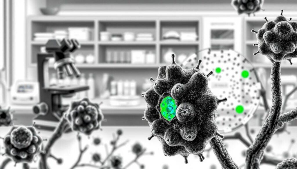 Create a detailed black and white illustration of "epitheloides Angiosarkom Zellen," showcasing atypical cells under a microscope in the foreground with a clear focus on their unique shapes and textures. In the middle ground, depict a laboratory environment that emphasizes a sense of scientific inquiry, with muted tones highlighting equipment like microscopes and petri dishes. In the background, include blurred outlines of lab benches and shelves filled with scientific paraphernalia. Use dynamic lighting to cast gentle shadows, enhancing the three-dimensionality of the cells. Introduce selective color accents—subtle hues of green and blue—to draw attention to specific cellular features, creating a dramatic yet educational atmosphere that invites inquiry and understanding of this rare cancer type.