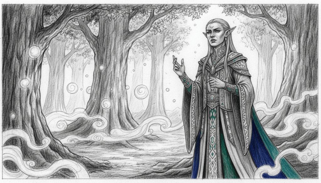 Dramatic scene of a mystical elf embodying duality, positioned in a lush, enchanted forest. In the foreground, the elf stands with one hand raised, symbolizing intuition, adorned in flowing garments with intricate patterns in black and white, accented subtly with hints of vibrant colors like deep blue and emerald green. The middle ground features swirling mist that conveys tension and anticipation, while ethereal lights dance among the trees, casting soft shadows. In the background, towering ancient trees loom, their bark detailed in monochrome, creating a striking contrast against the foreground splendor. The atmosphere is both serene and charged, with dappled sunlight filtering through the leaves, illuminating the elf with a soft glow, evoking a sense of balance between instinct and excitement. Shot with a gentle upward angle to enhance the ethereal quality, focusing on the elf's expressive features. Dramatic scene of a mystical elf embodying duality, positioned in a lush, enchanted forest. In the foreground, the elf stands with one hand raised, symbolizing intuition, adorned in flowing garments with intricate patterns in black and white, accented subtly with hints of vibrant colors like deep blue and emerald green. The middle ground features swirling mist that conveys tension and anticipation, while ethereal lights dance among the trees, casting soft shadows. In the background, towering ancient trees loom, their bark detailed in monochrome, creating a striking contrast against the foreground splendor. The atmosphere is both serene and charged, with dappled sunlight filtering through the leaves, illuminating the elf with a soft glow, evoking a sense of balance between instinct and excitement. Shot with a gentle upward angle to enhance the ethereal quality, focusing on the elf's expressive features.