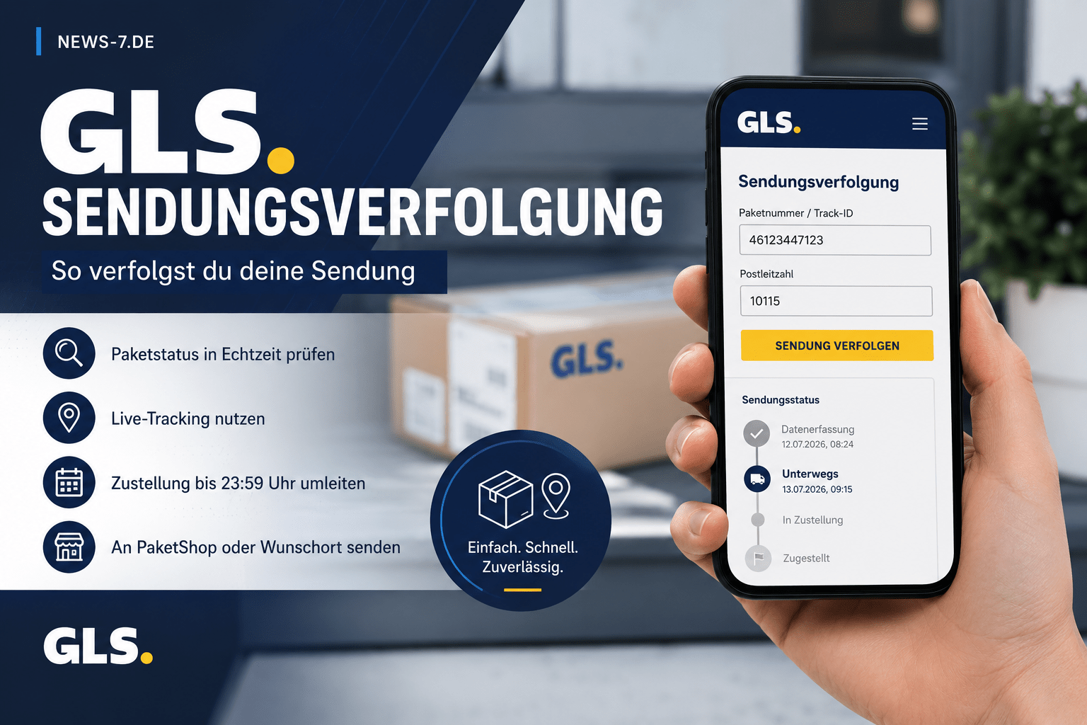 GLS Sendungsverfolgung auf dem Smartphone mit Paketnummer, Postleitzahl und aktuellem Sendungsstatus