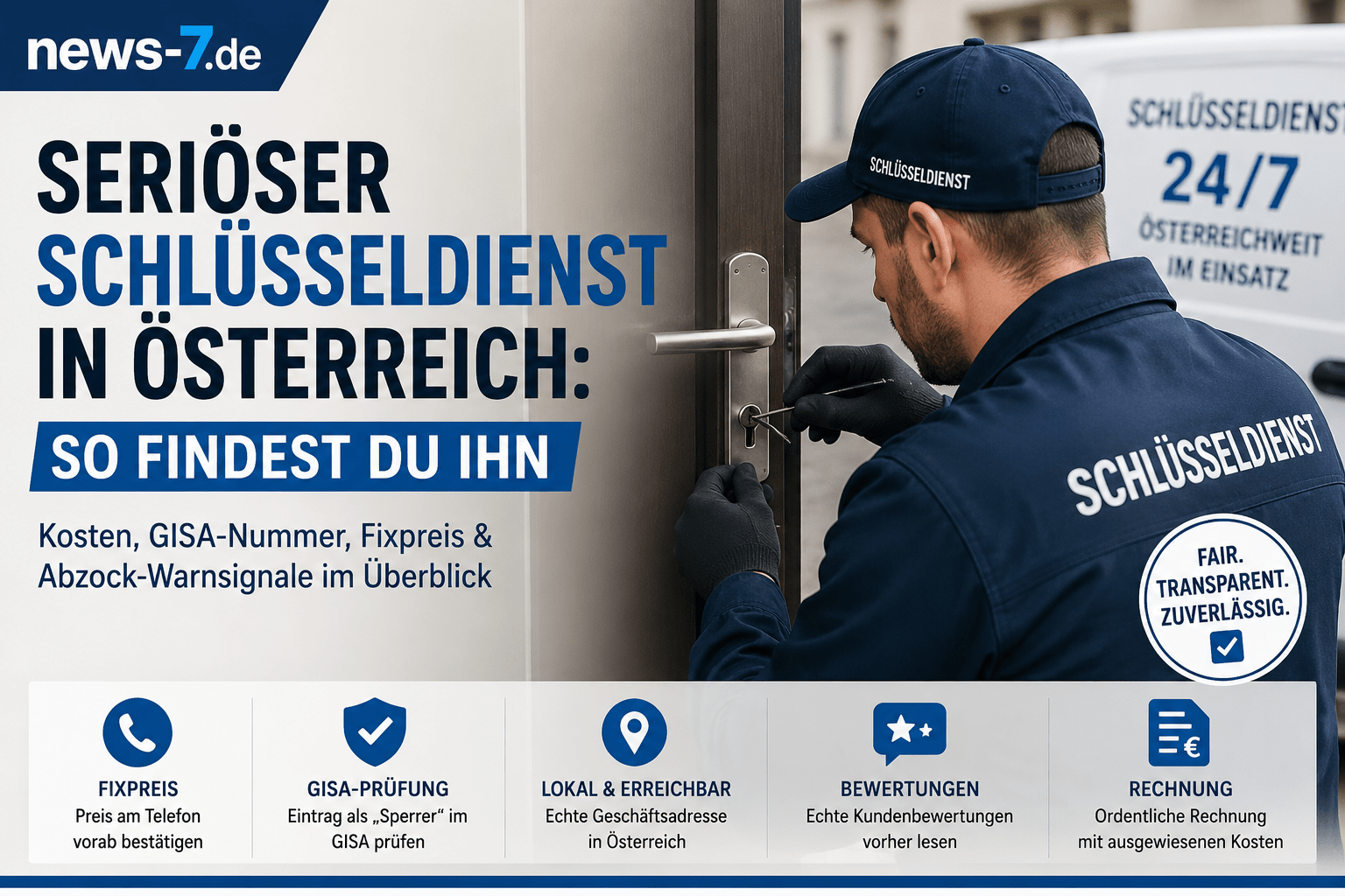Seriöser Schlüsseldienst öffnet Wohnungstür in Österreich mit Hinweis auf Fixpreis, GISA-Prüfung und faire Kosten
