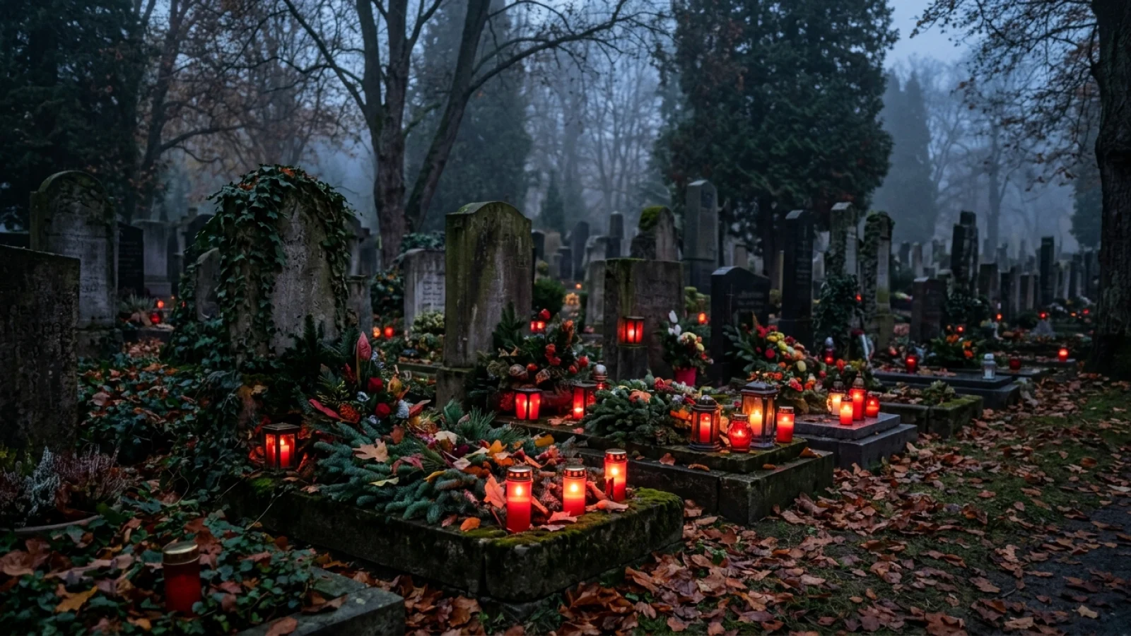 Friedhof in der herbstlichen Abenddämmerung mit leuchtenden roten Grablichtern, Gestecken und sanftem Nebel.