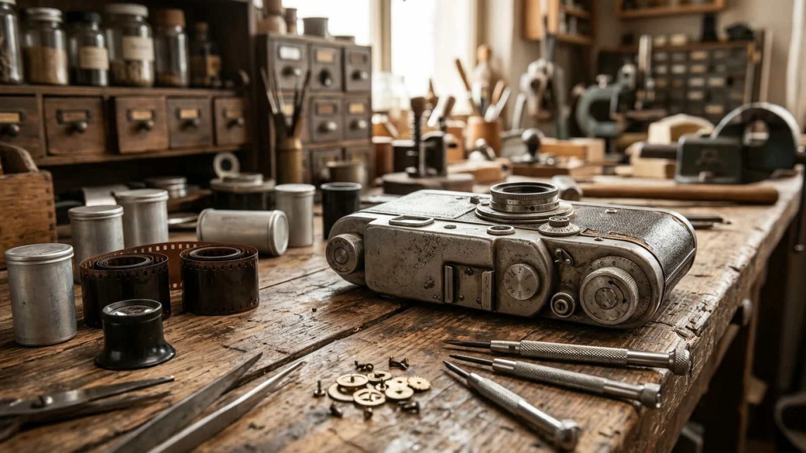 Analoge Panoramakamera aus Metall mit Filmspulen und Feinmechaniker-Werkzeug auf einer hölzernen Werkbank im warmen Licht.