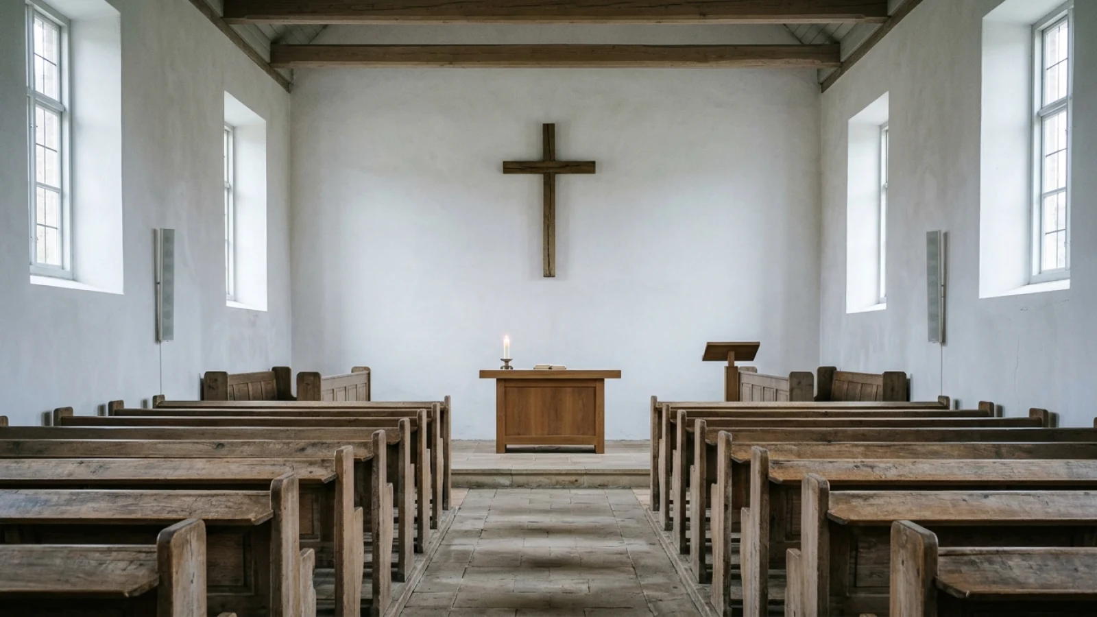 Schlichte evangelische Kirche von innen mit Holzbänken, Altar, schlichtem Holzkreuz und brennender Kerze im Novemberlicht.