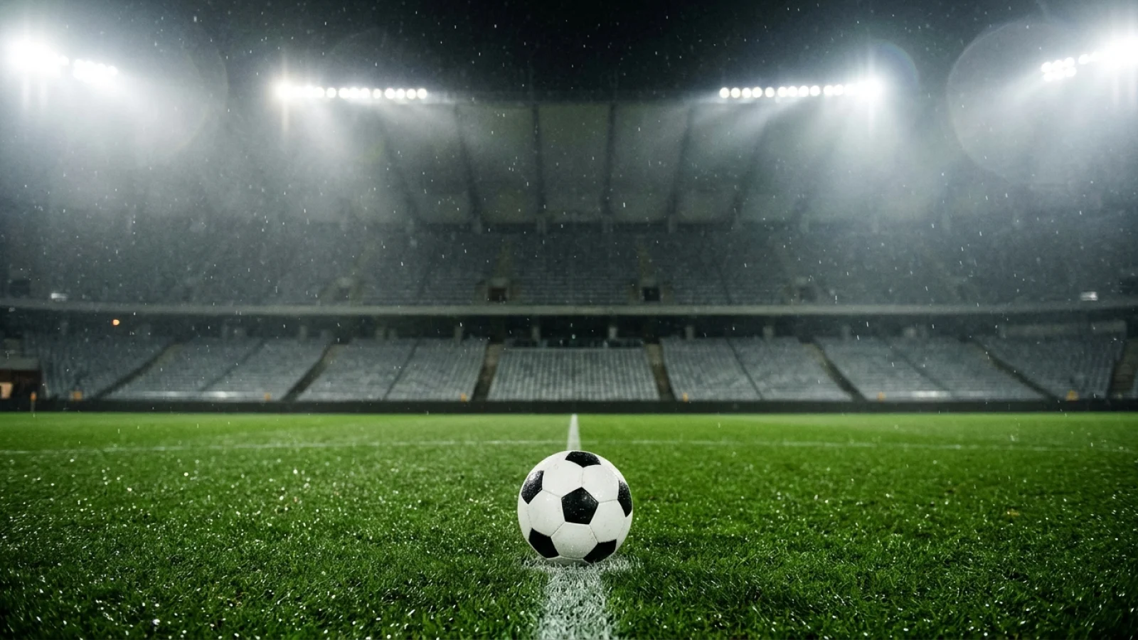 Fußball auf dem Anstoßpunkt eines leeren, nassen Fußballfelds im abendlichen Flutlicht eines großen Stadions.