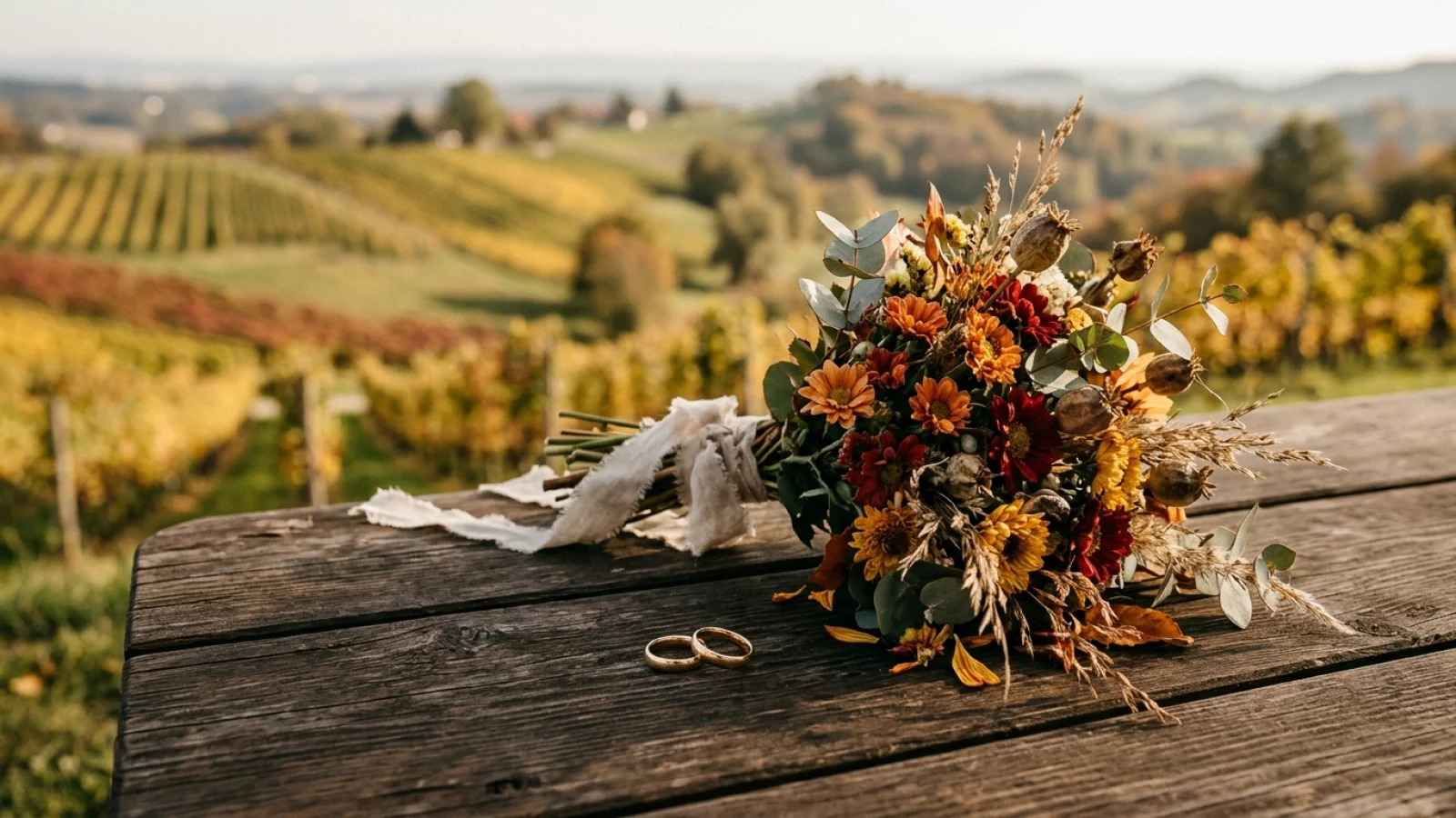 Zwei goldene Eheringe und ein kleiner Blumenstrauß auf einem Holztisch vor herbstlichen Weinbergen in der Steiermark.