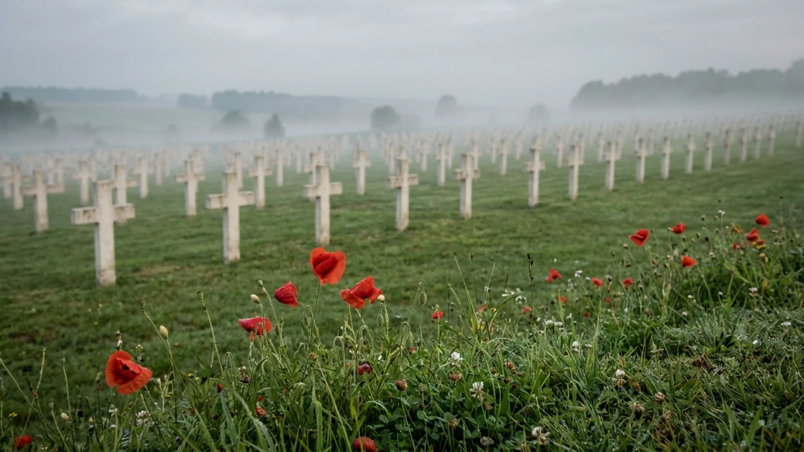 Weiße Kreuze und rote Mohnblumen auf einer Wiese im Morgennebel auf einem ehemaligen Schlachtfeld.