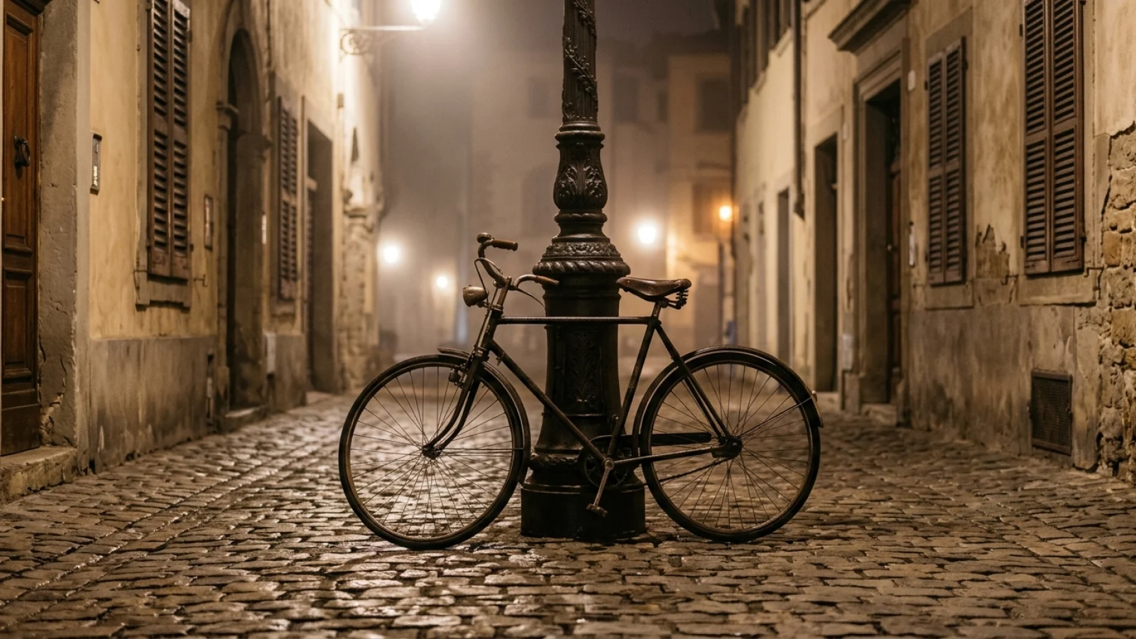 Altes Herrenfahrrad lehnt nachts an einer Straßenlaterne auf nassem Kopfsteinpflaster in einer Altstadtgasse.