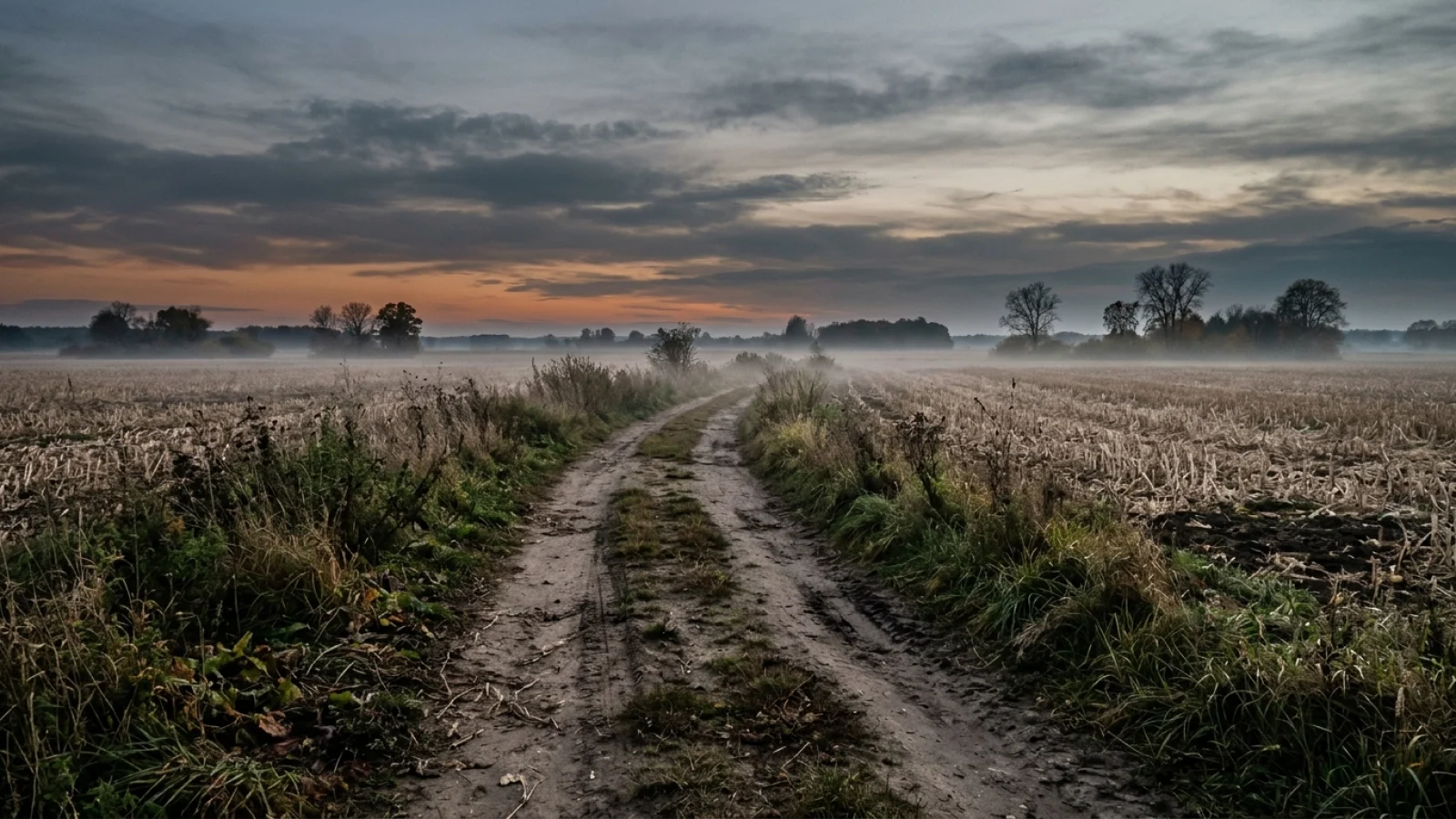 Einsamer Feldweg zwischen herbstlichen Feldern in der Abenddämmerung mit aufziehendem Bodennebel.