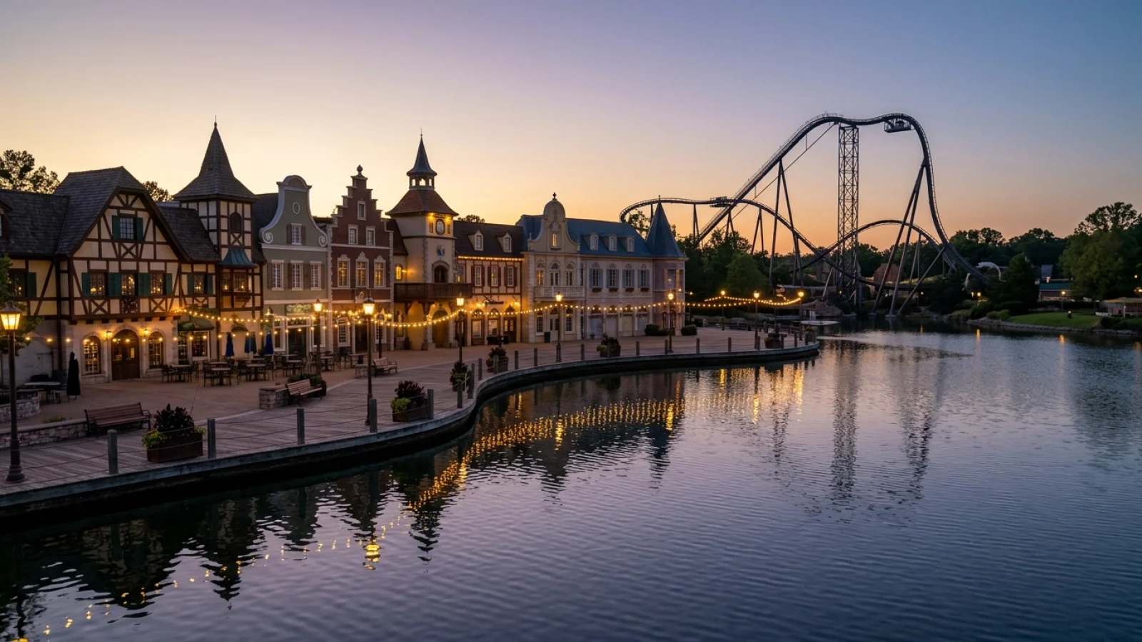 Freizeitpark mit Achterbahn, bunten Themengebäuden im europäischen Stil und See im stimmungsvollen Abendlicht.