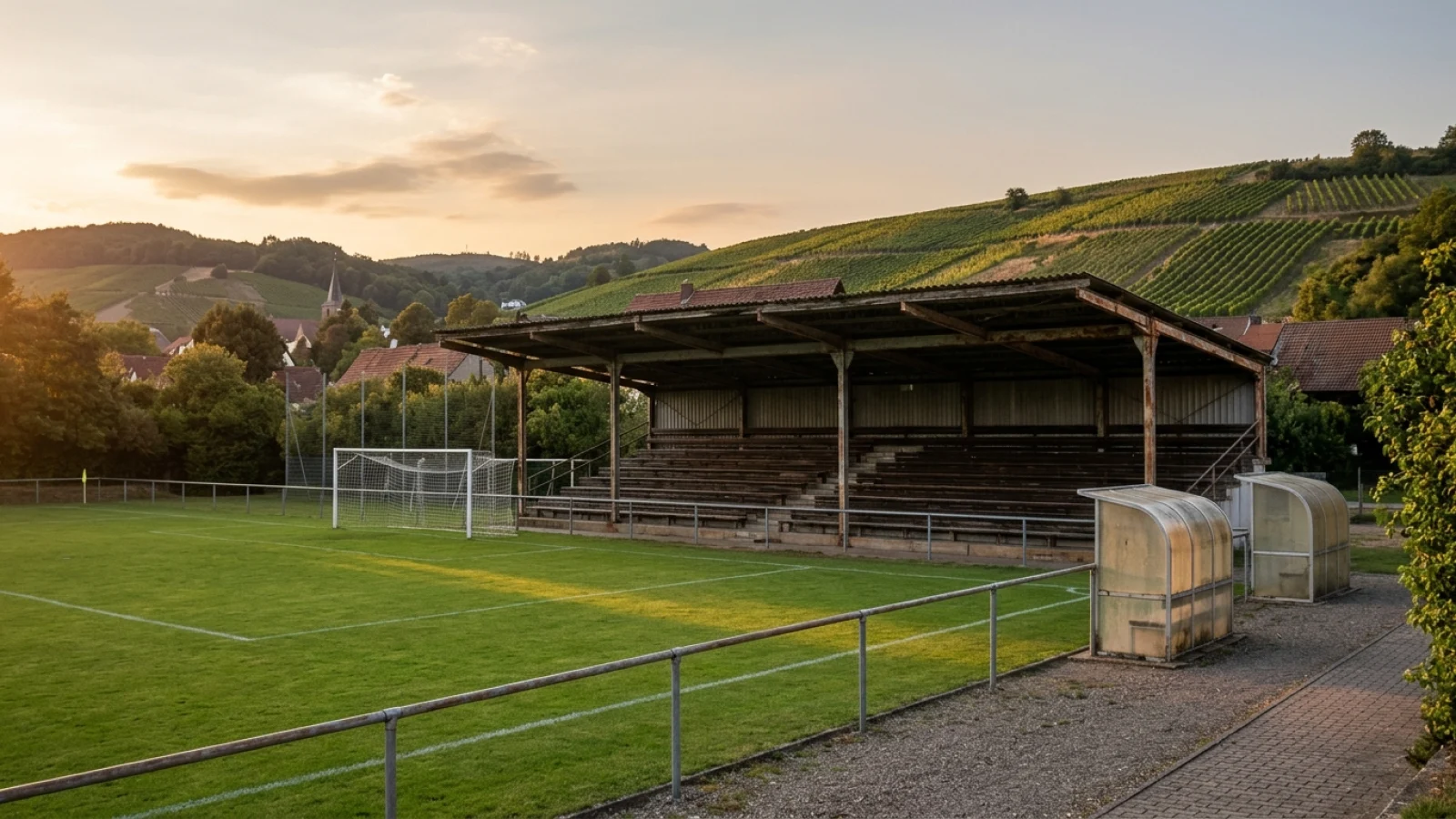 Überdachte Tribüne eines traditionellen Fußballstadions bei Abendsonne vor idyllischen Weinbergen.