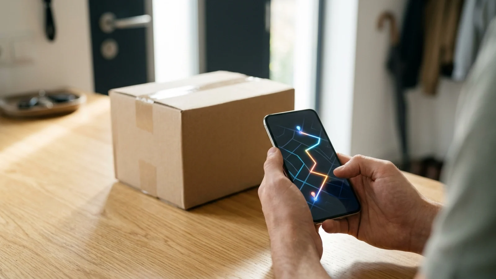 Ein Papppaket auf einem Holztisch neben einem Smartphone mit einer stilisierten Routenkarte auf dem Display.