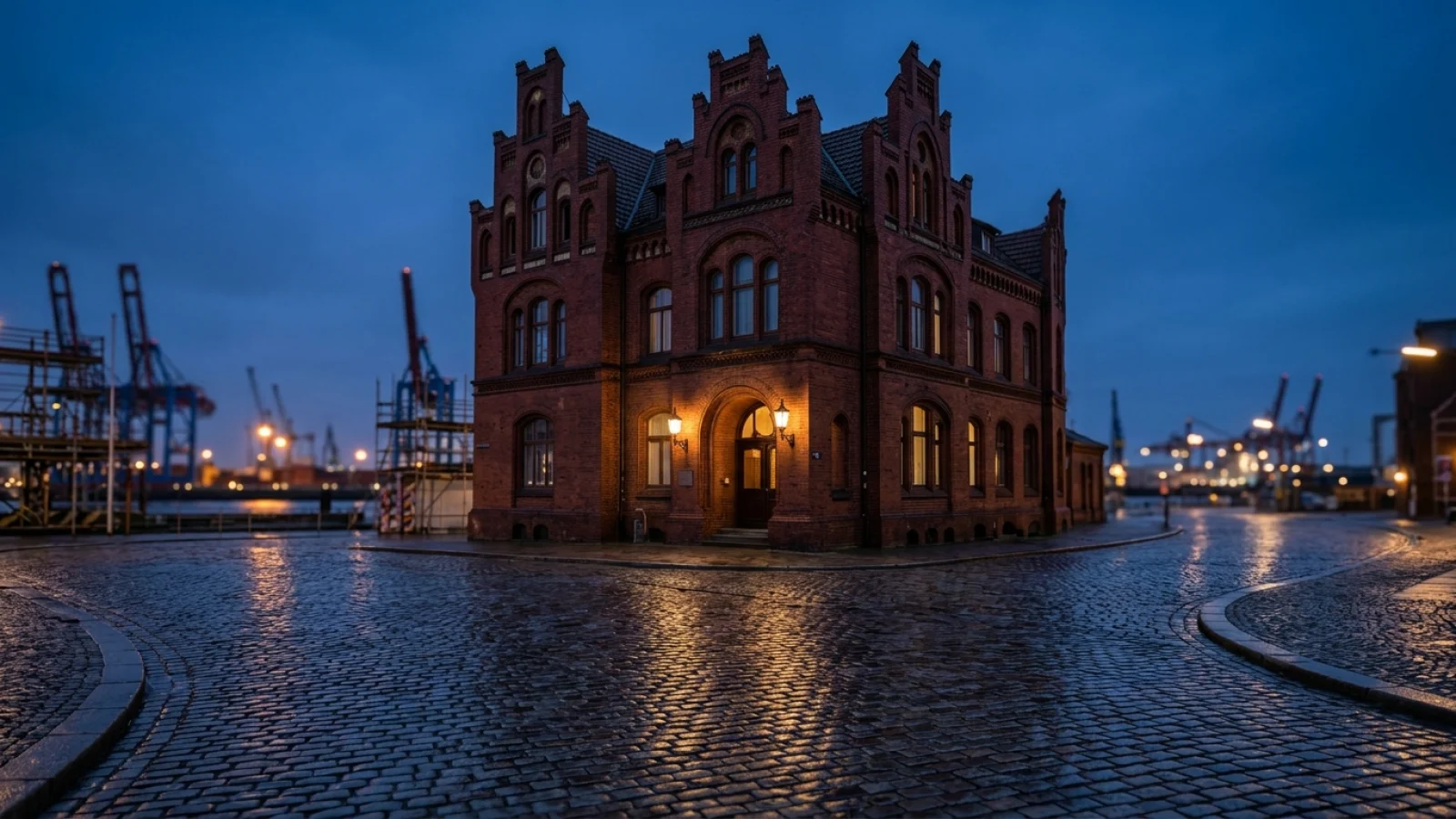 Historische Backstein-Polizeiwache am Hamburger Hafen in der Dämmerung mit nasser, menschenleerer Kopfsteinpflasterstraße.