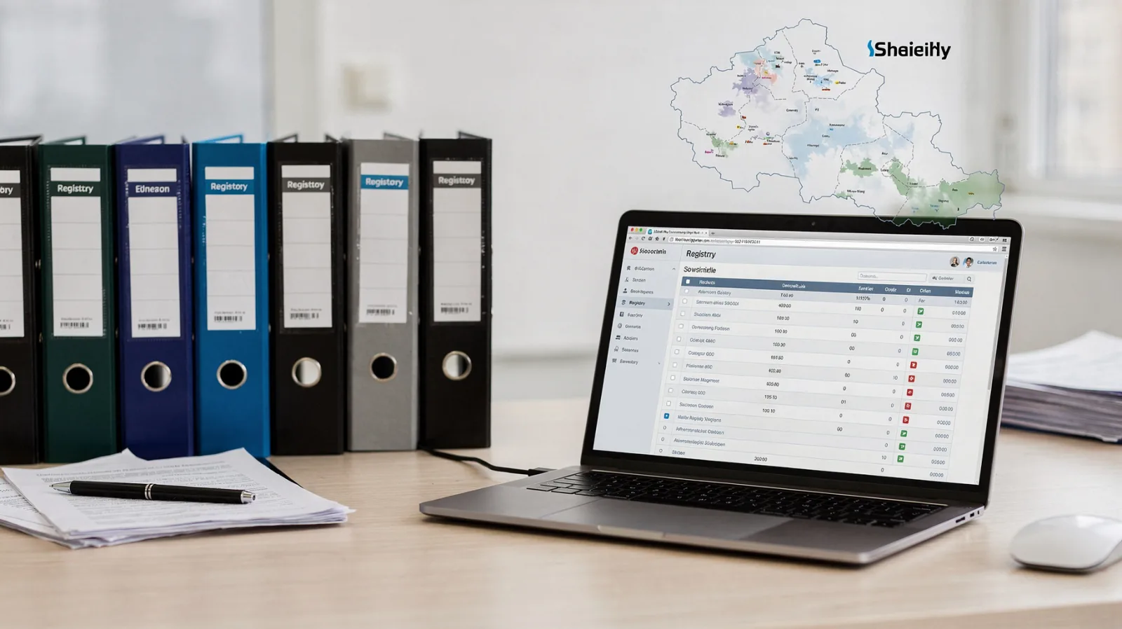 Ordner, Laptop und Kartenübersicht zum Handelsregister Aargau auf einem Schreibtisch