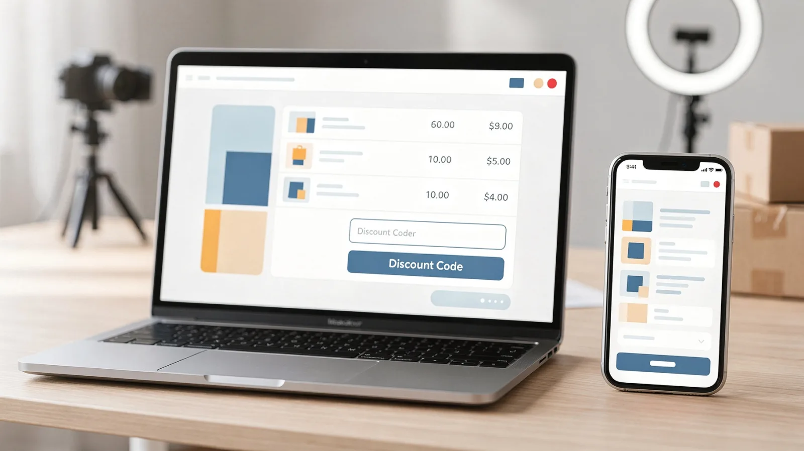 Smartphone und Laptop mit Online-Shop-Checkout und Rabattcode-Feld zum Thema Influencer-Codes