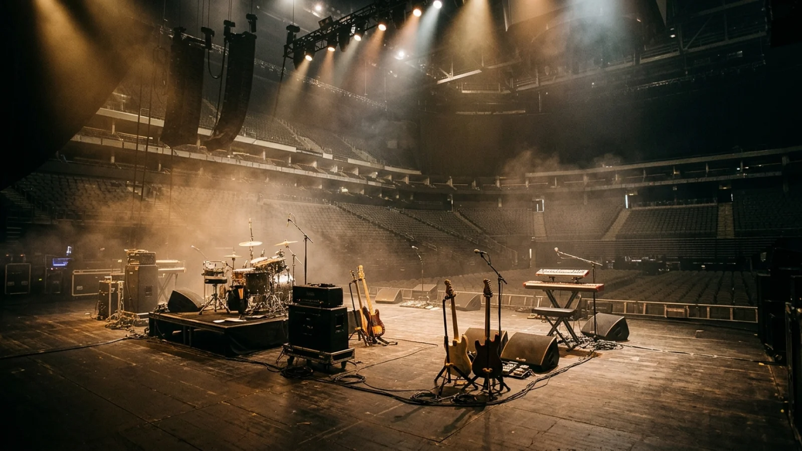 Leere Konzertbühne in einer großen Arena mit Schlagzeug, E-Gitarren auf Ständern, Bühnennebel und warmem Scheinwerferlicht.